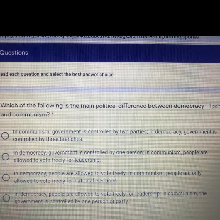 Which of the following is the main political difference between democracy and communism-example-1