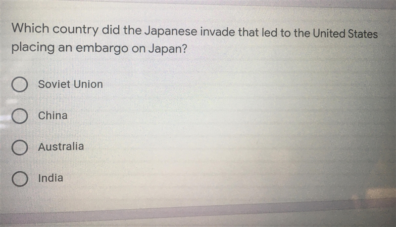 Which country did the Japanese invade that led to the United States placing an embargo-example-1