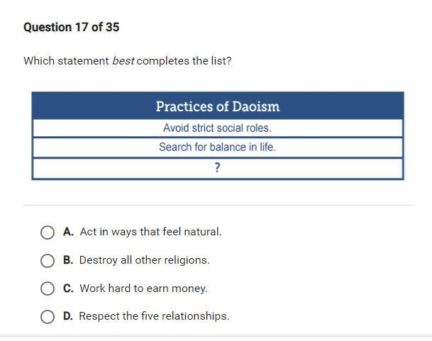 Which statement best completes the list? Practices of Daoism Avoid strict social roles-example-1