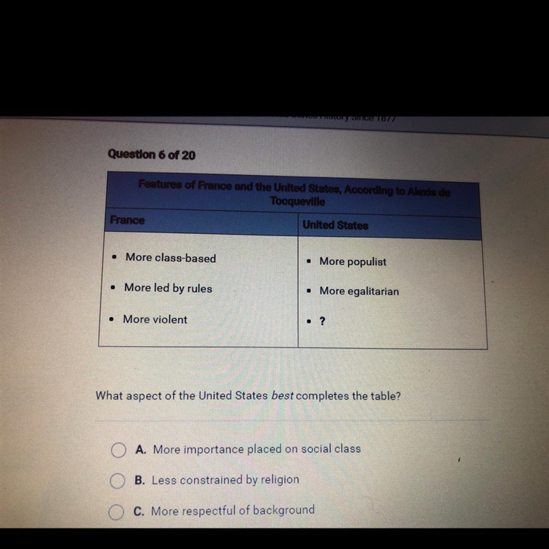 What aspect of the United States best completes the table? A. More importance placed-example-1