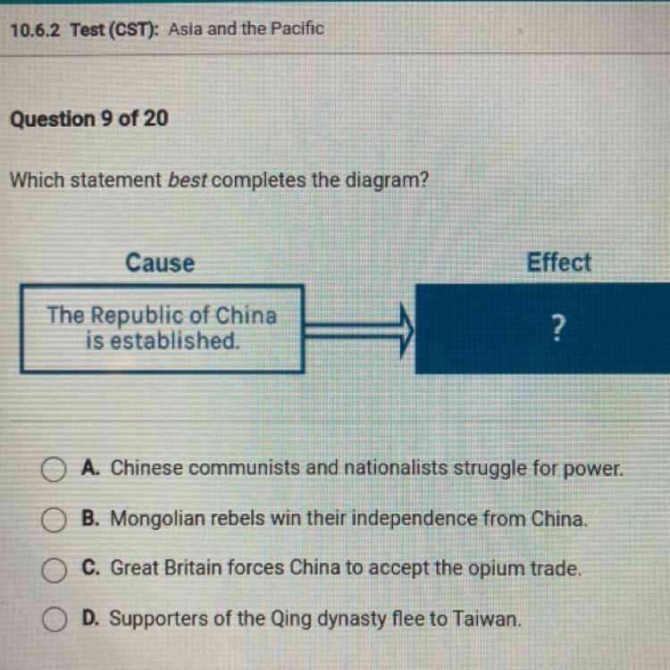 Which statement best completes the diagram? CAUSE The republicans of China is established-example-1