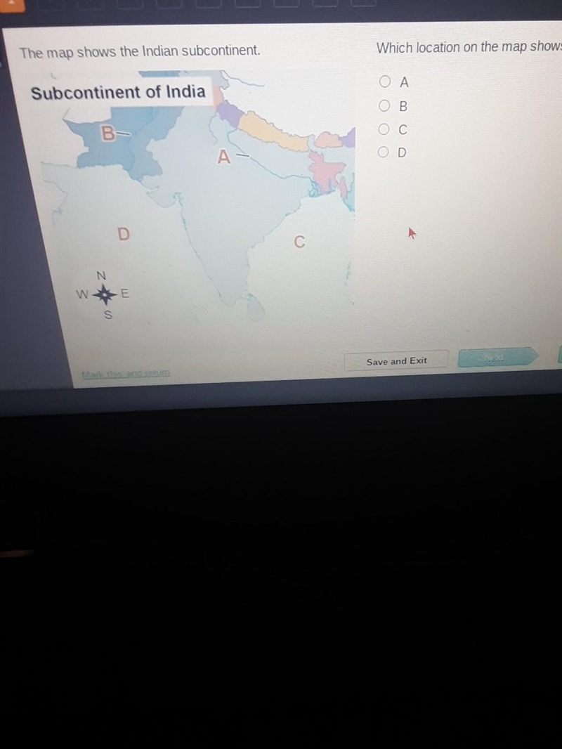 The map shows the Indian subcontinent. Which location on the map shows the Arabian-example-1