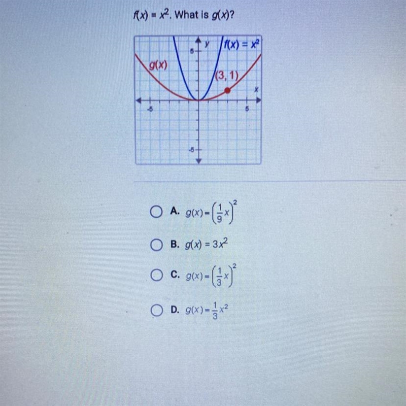 Ax) = x2. What is g(x)? (f(x) = x² 9(x) (3,1) 5 -5 O A. g(x)=CO O B. g(x) = 3x2 O-example-1