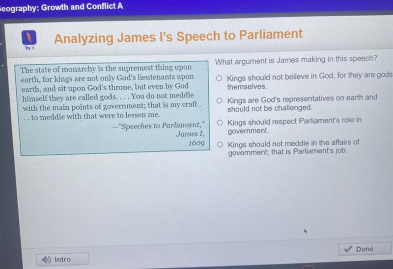 What argument is James making in this speech-example-1