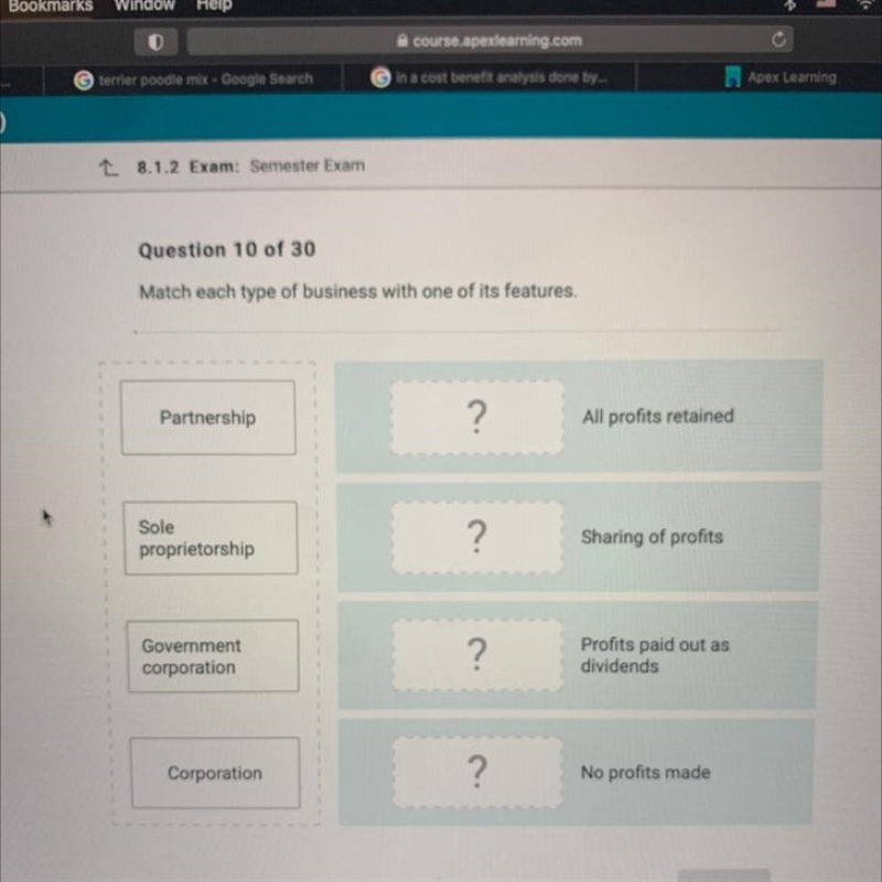 Match each type of business with one of its features. Partnership ? All profits retained-example-1