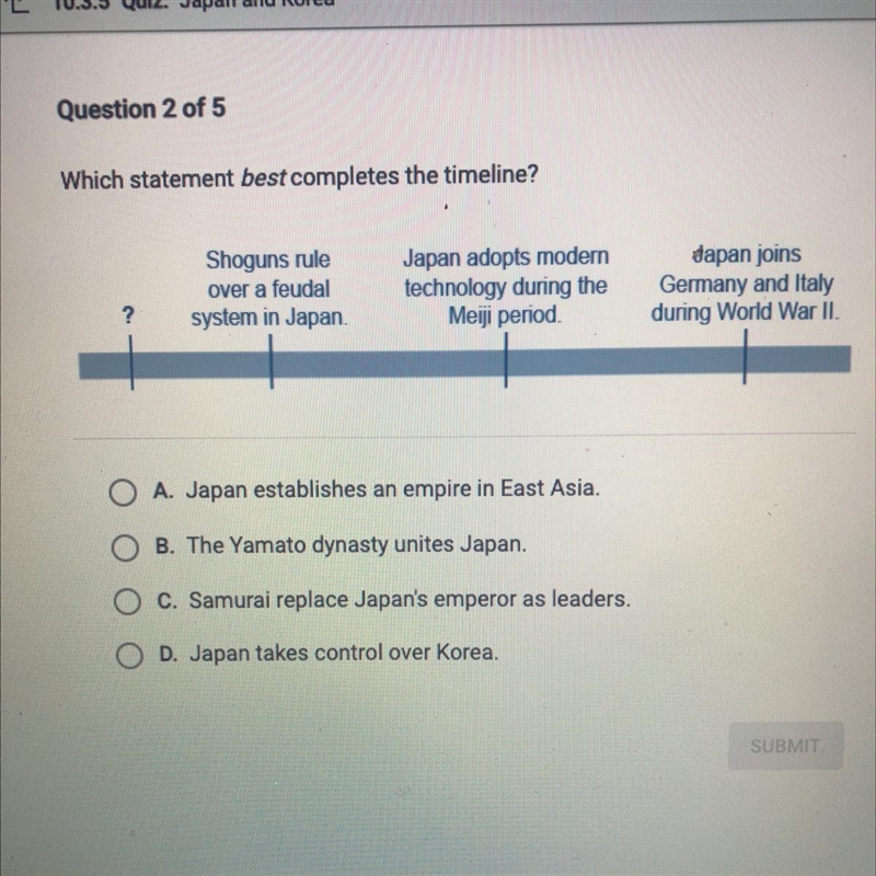 Which statement best completes the timeline? Shoguns rule over a feudal system in-example-1