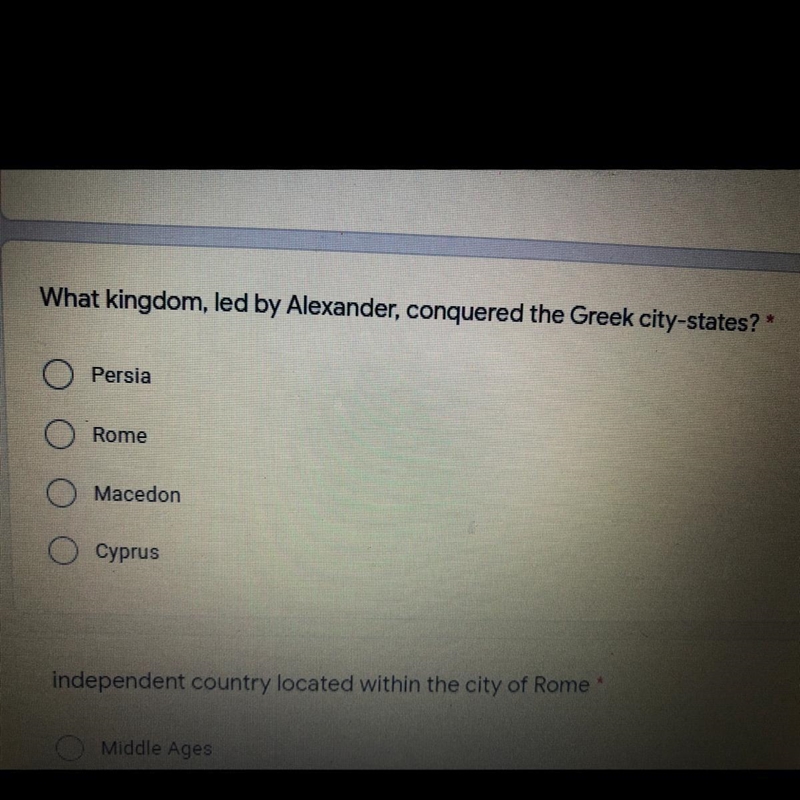 What kingdom, led by Alexander, conquered the Greek city-states? 1 point Persia Rome-example-1