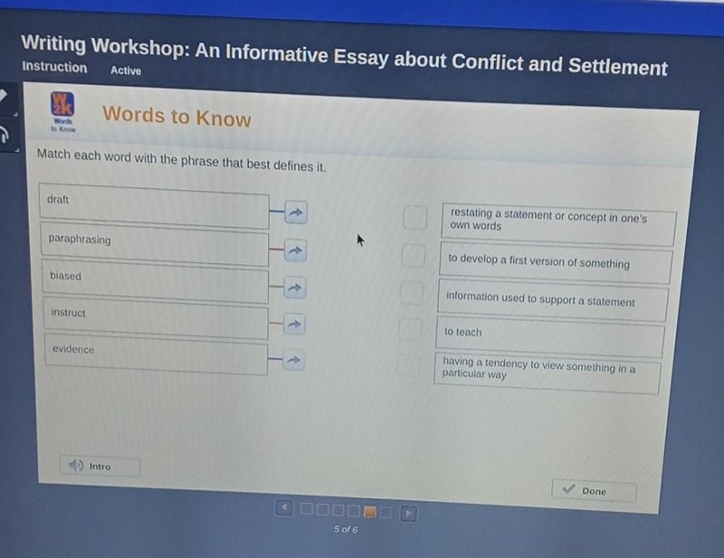 Match each word with the phrase that best defines it. draft restating a statement-example-1