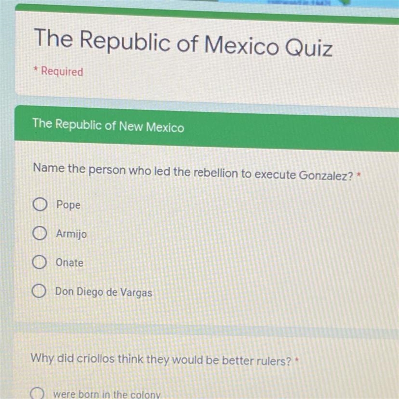 Name the person who led the rebellion to execute Gonzalez?* Pope Armijo Onate Don-example-1