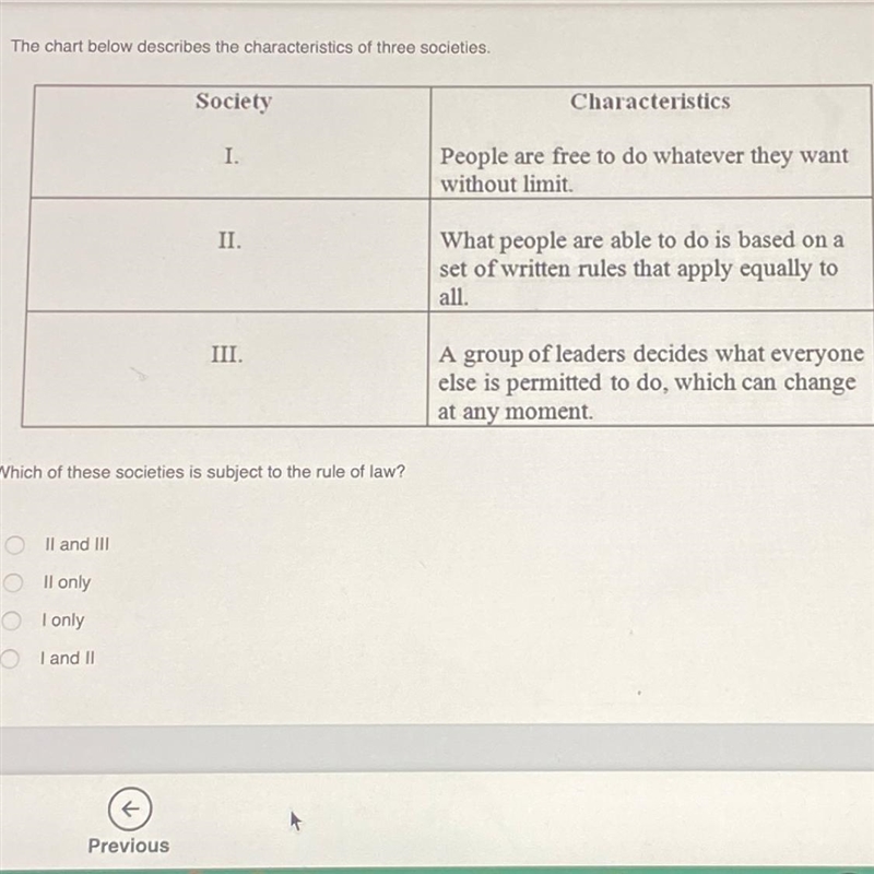 The chart below describes the characteristics of three societies. Society Characteristics-example-1