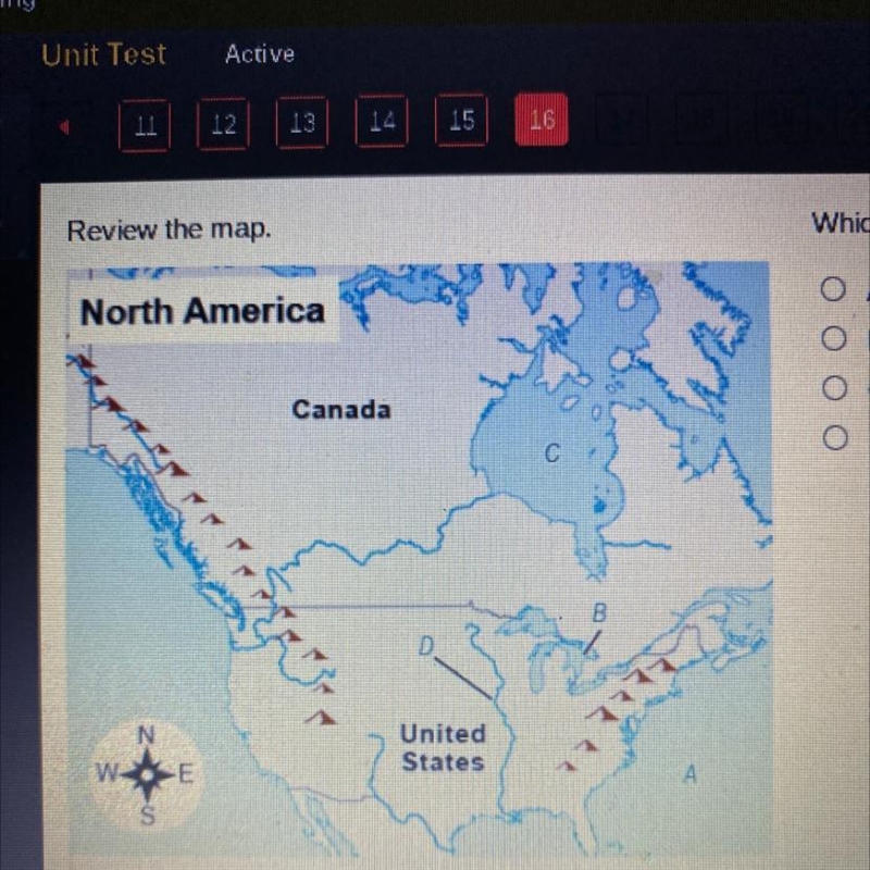 ANSWER FAST PLEASE Which letter on the map marks the Great Lakes? ОА ОВ Ос OD-example-1