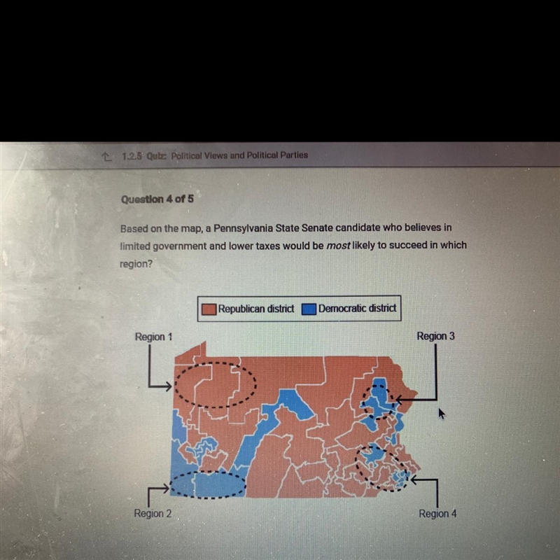 Question 4 of 5 Based on the map, a Pennsylvania State Senate candidate who believes-example-1