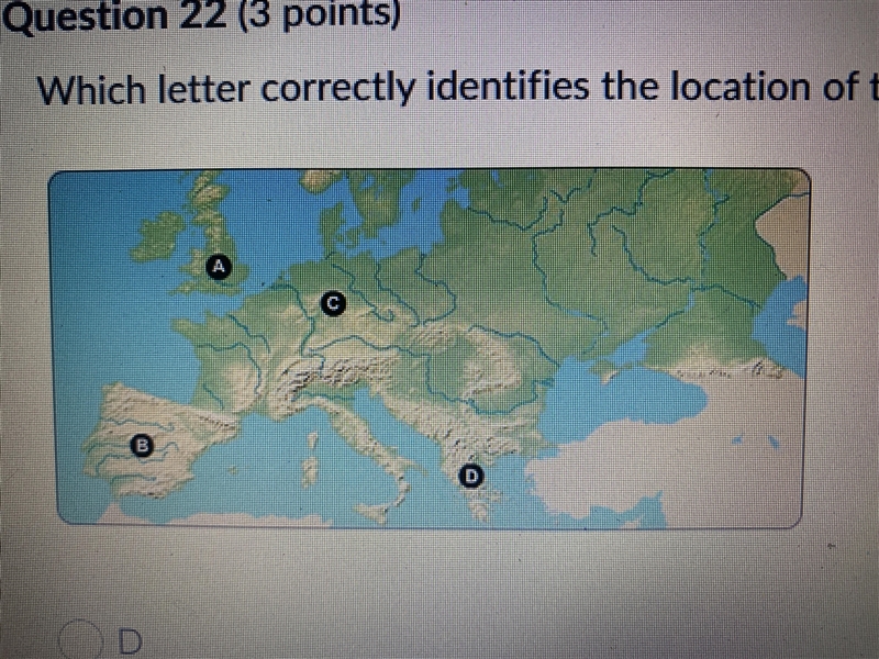 Which letter correctly identifies the location of the Germany on the map?-example-1