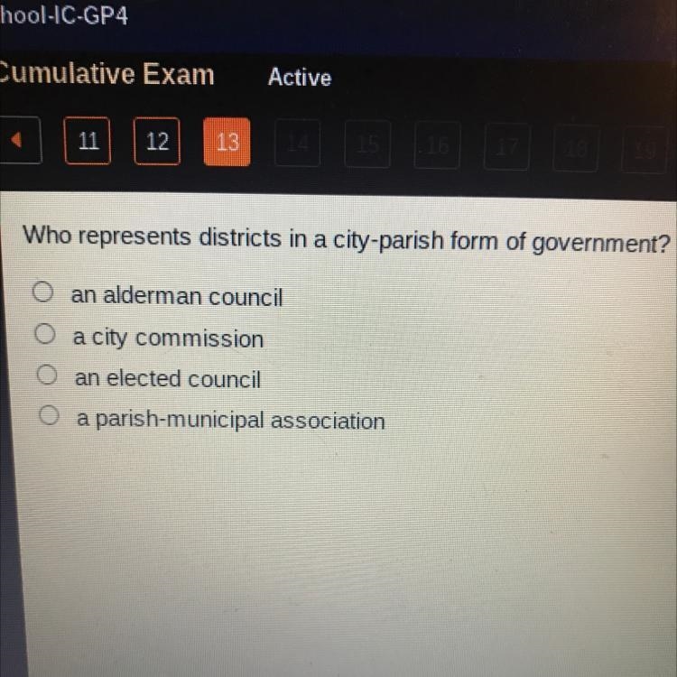 Who represents districts in a city-parish form of government? A. an alderman council-example-1