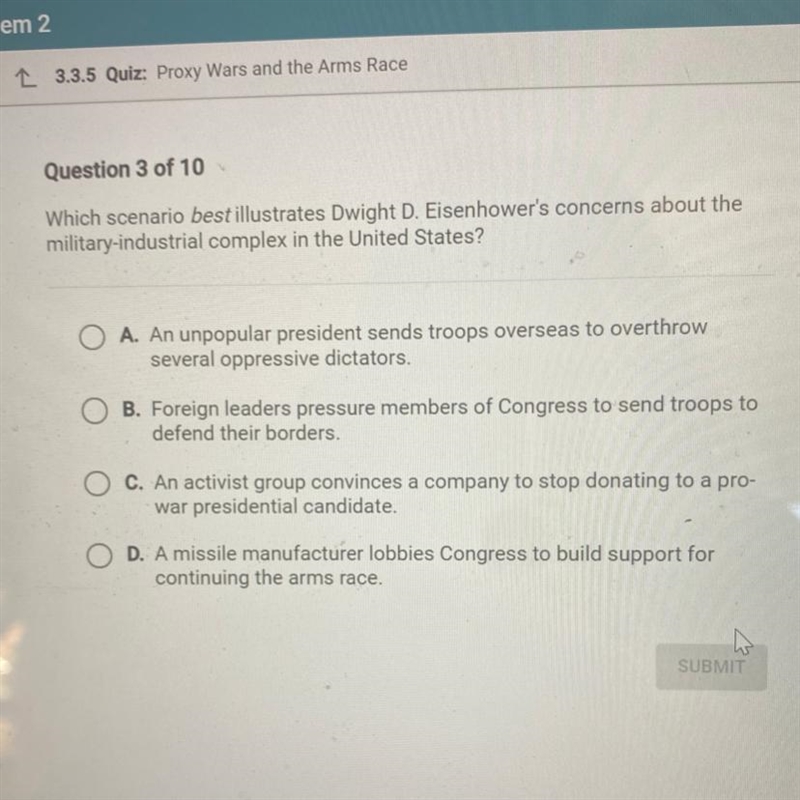 Which scenario best illustrates Dwight D. Eisenhower's concerns about the military-example-1