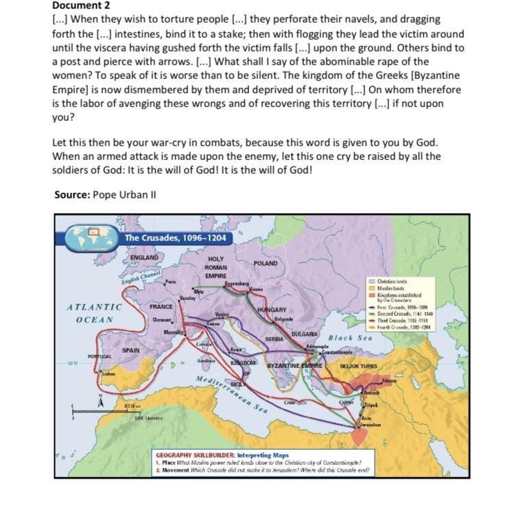 Using document 2, ​explain how audience affects​ the way Pope Urban II writes about-example-1