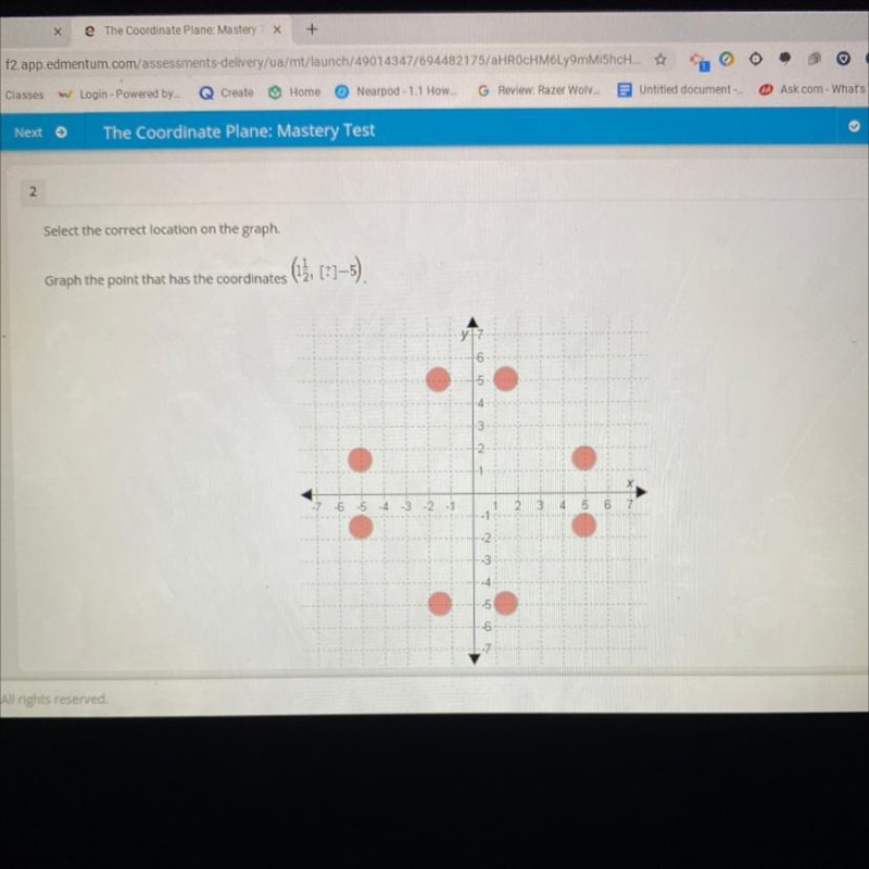 Select the correct location on the graph. Graph the polnt that has the coordinates-example-1