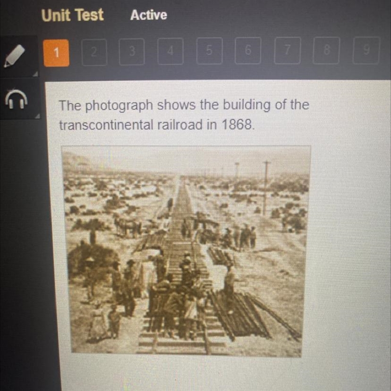 The photograph shows the building of the transcontinental railroad in 1868. The construction-example-1