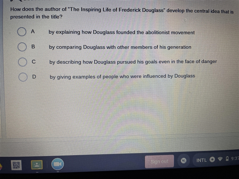 How does the author of “The Inspiring Life of Frederick Douglass” develop the central-example-1