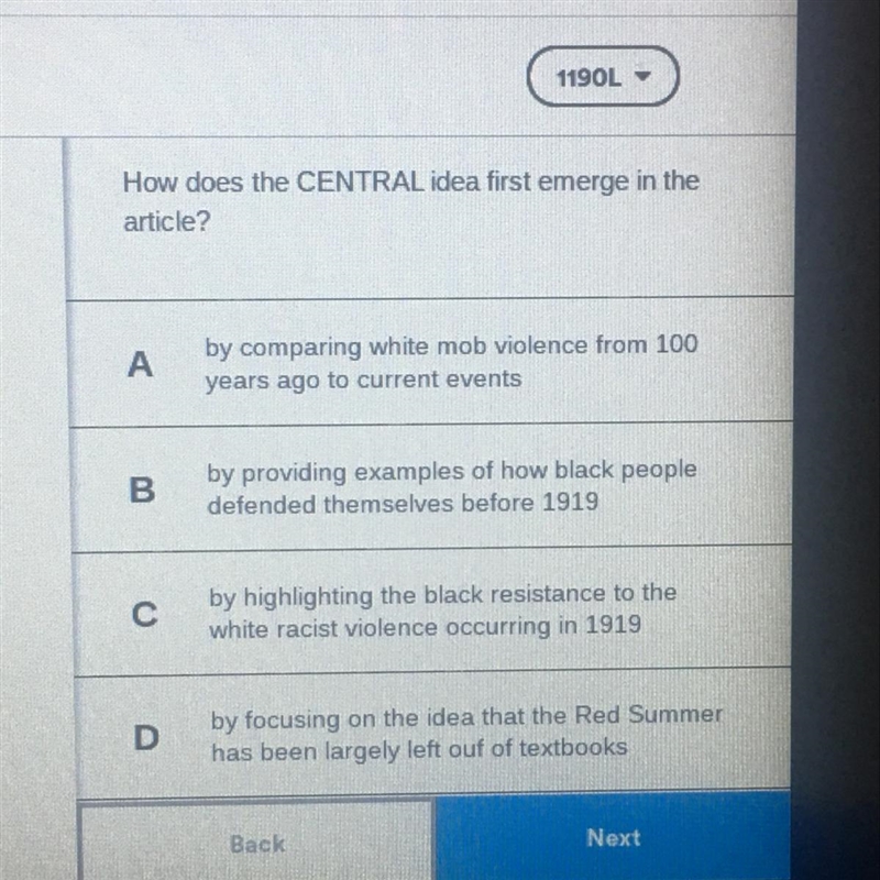 Help pls How does the CENTRAL idea first emerge in the article? A by comparing white-example-1