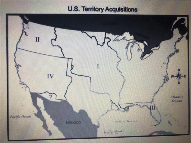 What area is indicated with the “?” On the map? A) Texas territory B) Indian territory-example-1