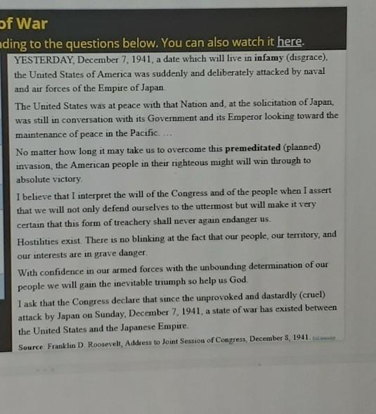 Before reading FDR's address to Congress on December 8, 1941, the day after the bombing-example-1