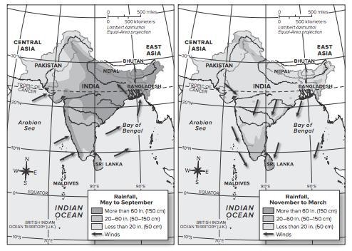 Based on the maps, which coast in southern India has more rain all year long? A. eastern-example-1