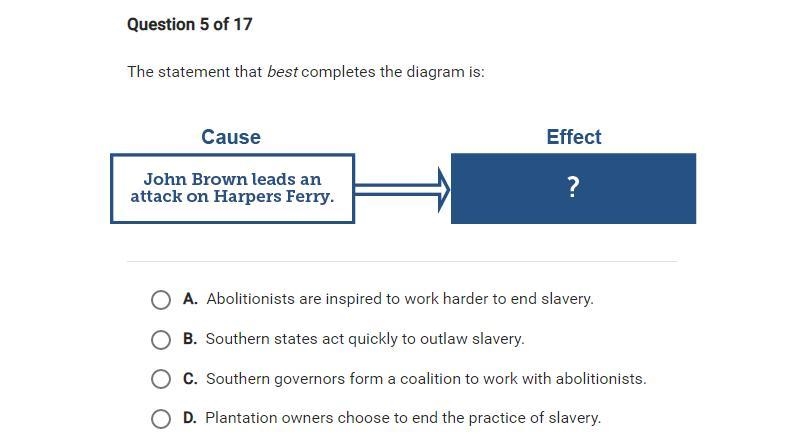 The statement that best completes the diagram is: Cause: John Brown leads an attack-example-1