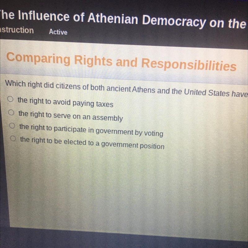 Which right did citizens of both ancient Athens and the United States have? A:The-example-1