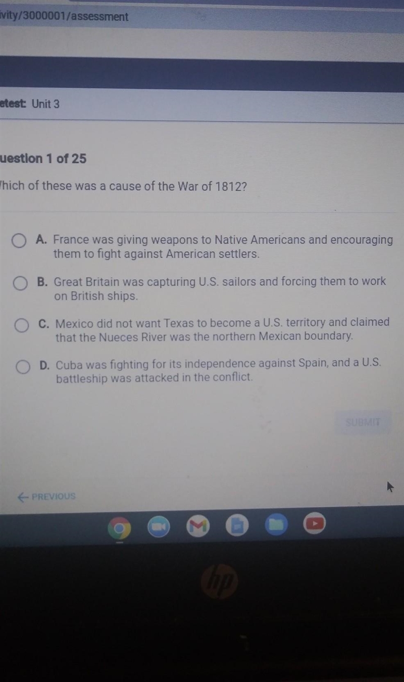 Which of these was a cause of the war of 1812?​-example-1