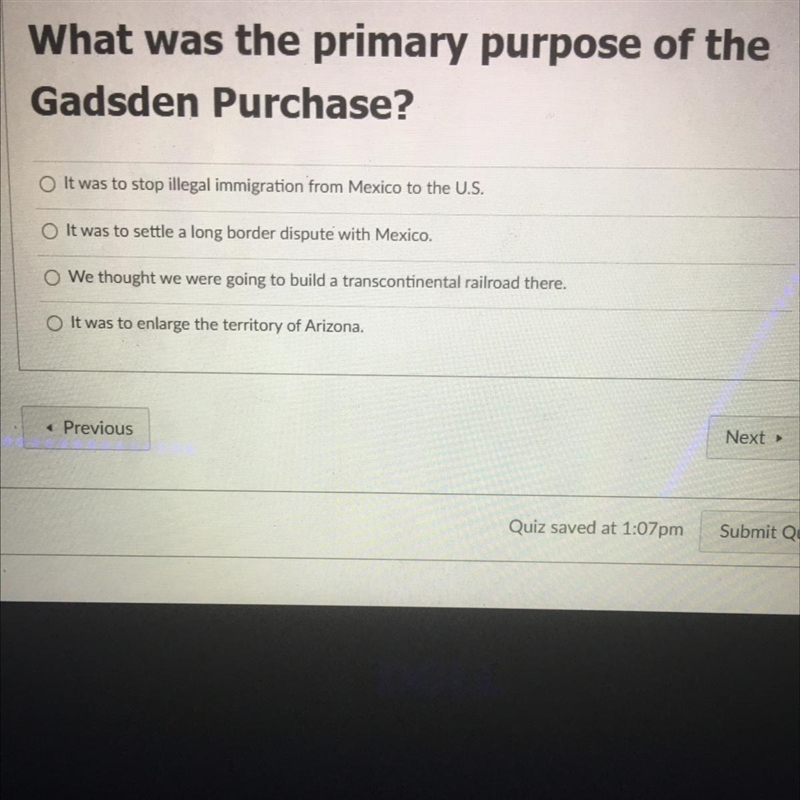 What was the primary purpose of the Gadsden purchase?-example-1