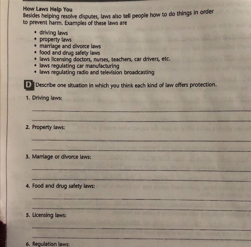 ￼ ￼Describe one situation in which you think each kind of law offers protection. 1.Driving-example-1
