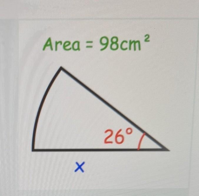 3 2 Area = 98cm ? 26° X Find the radius of the sector below. Give your answer to 1 decimal-example-1