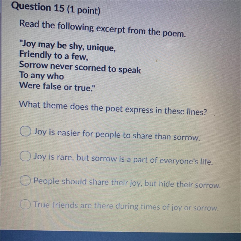 Read the following excerpt from the poem. "Joy may be shy, unique, Friendly to-example-1