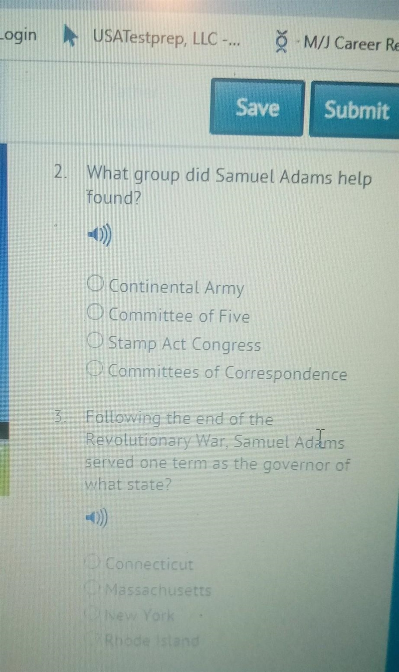 What group did Samuel Adams found A. Continental Army b. Committee of five C. Stamp-example-1