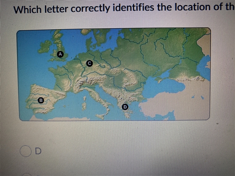 Which letter correctly identifies the location of the United Kingdom on the map?-example-1