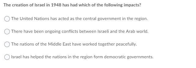 The creation of israel in 1948 has had which of the following impacts-example-1