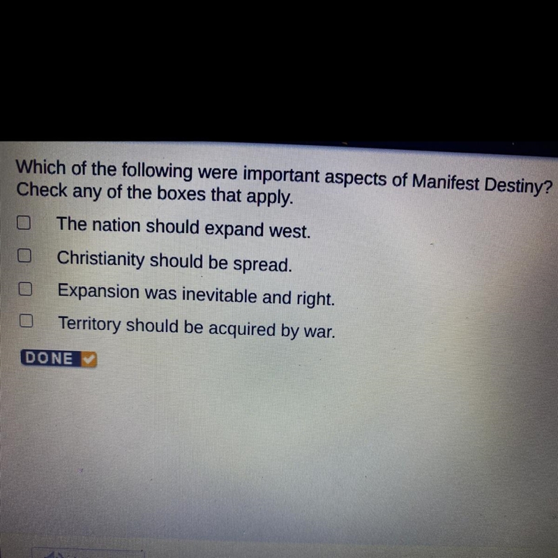 Which is following were important aspects of manifest Destiny?¿-example-1