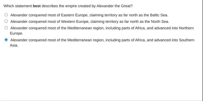 Which statement best describes the empire created by Alexander the Great? Alexander-example-1