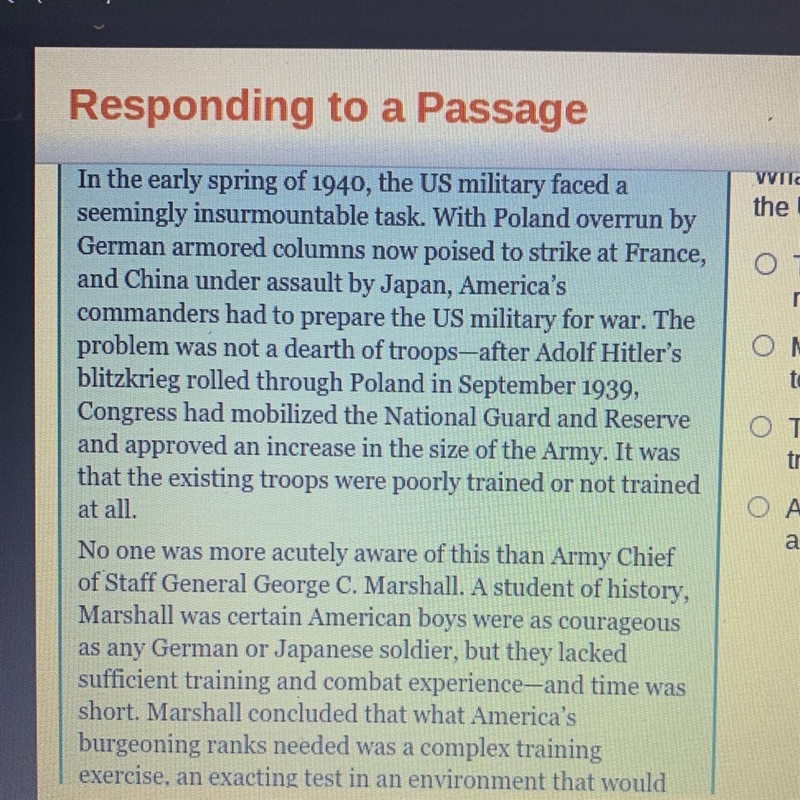 What was General Marshall's biggest concern about the US Army in 1940? O There were-example-1