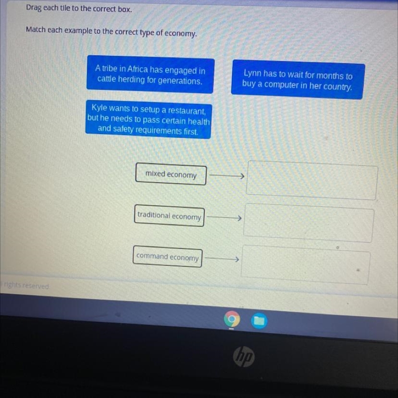Drag each tile to the correct box. Match each example to the correct type of economy-example-1