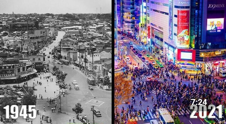 This is the Japan of 1945 and 2021, what changes can you see in the image?​-example-1