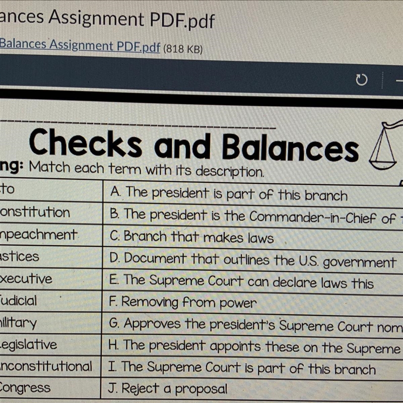 Checks and Balances, Match the definition (Letters) with the word For example: 1. C-example-1