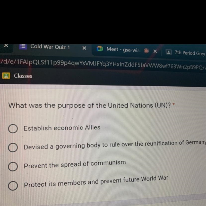 What was the purpose of the United Nations (UN)? O Establish economic Allies O Devised-example-1