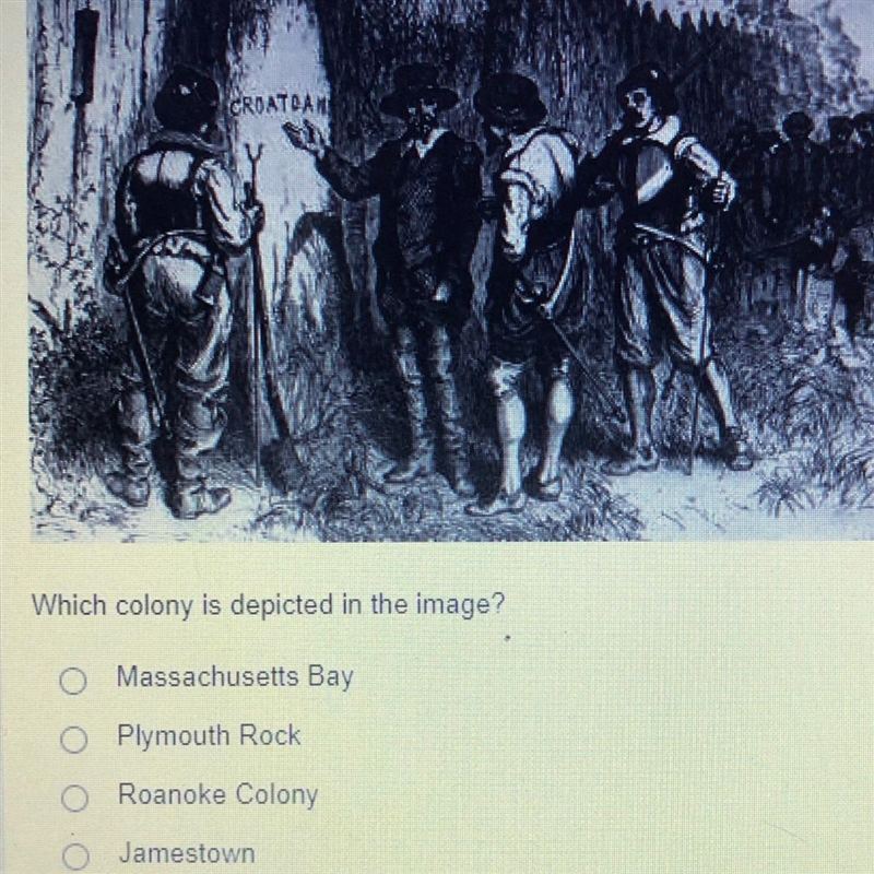 Which colony is depicted in the image? Massachusetts Bay O Plymouth Rock 0 Roanoke-example-1