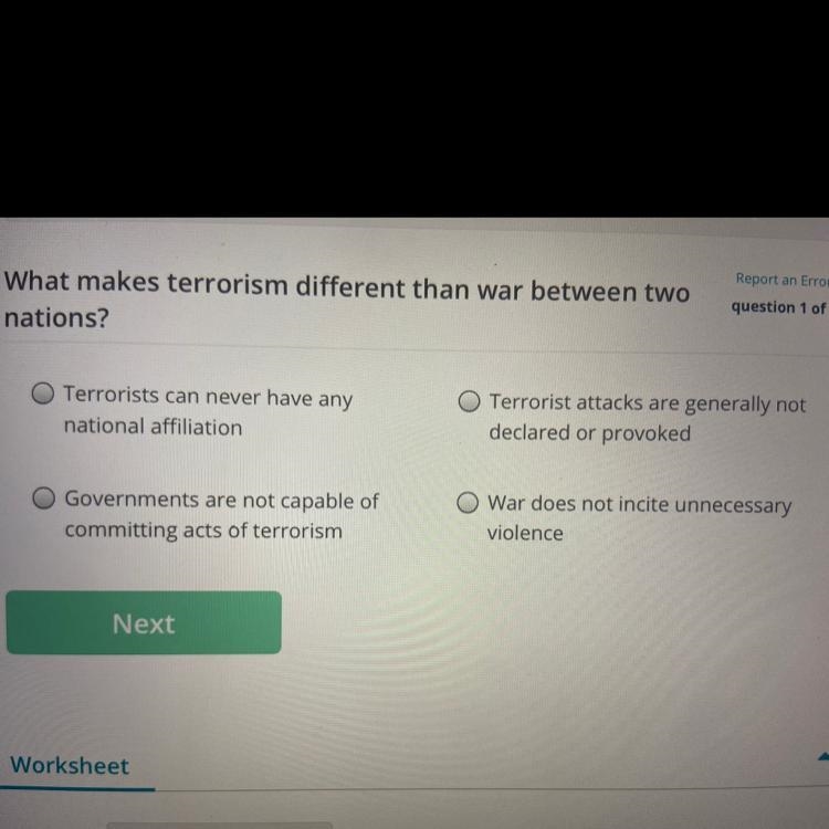 What makes terrorism different than war between two nations?-example-1