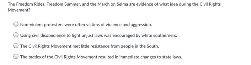 The freedom rides, freedom summer, and the march on Selma are evidence of what idea-example-1