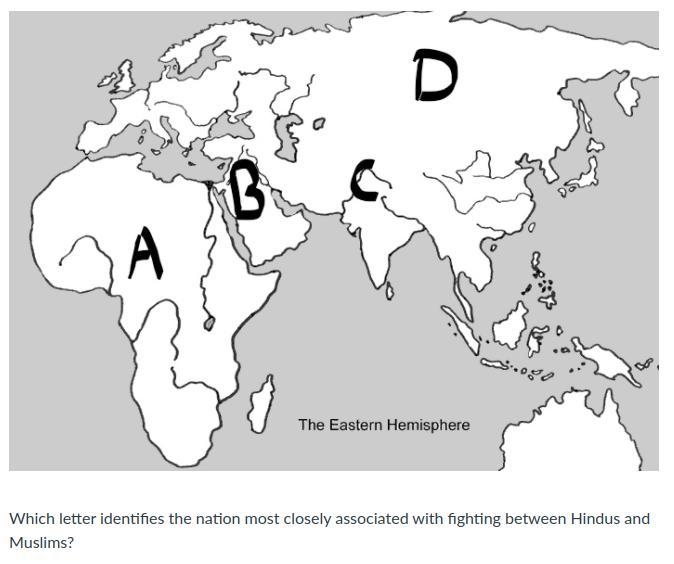 Which letter identifies the nation most closely associated with fighting between Hindus-example-1