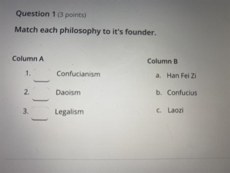 Match each philosophy to it's founder. Column A Column B 1. Confucianism a. Han Fei-example-1