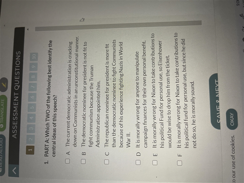 PART A: Which TWO of the following best identify the central ideas of this speech-example-1